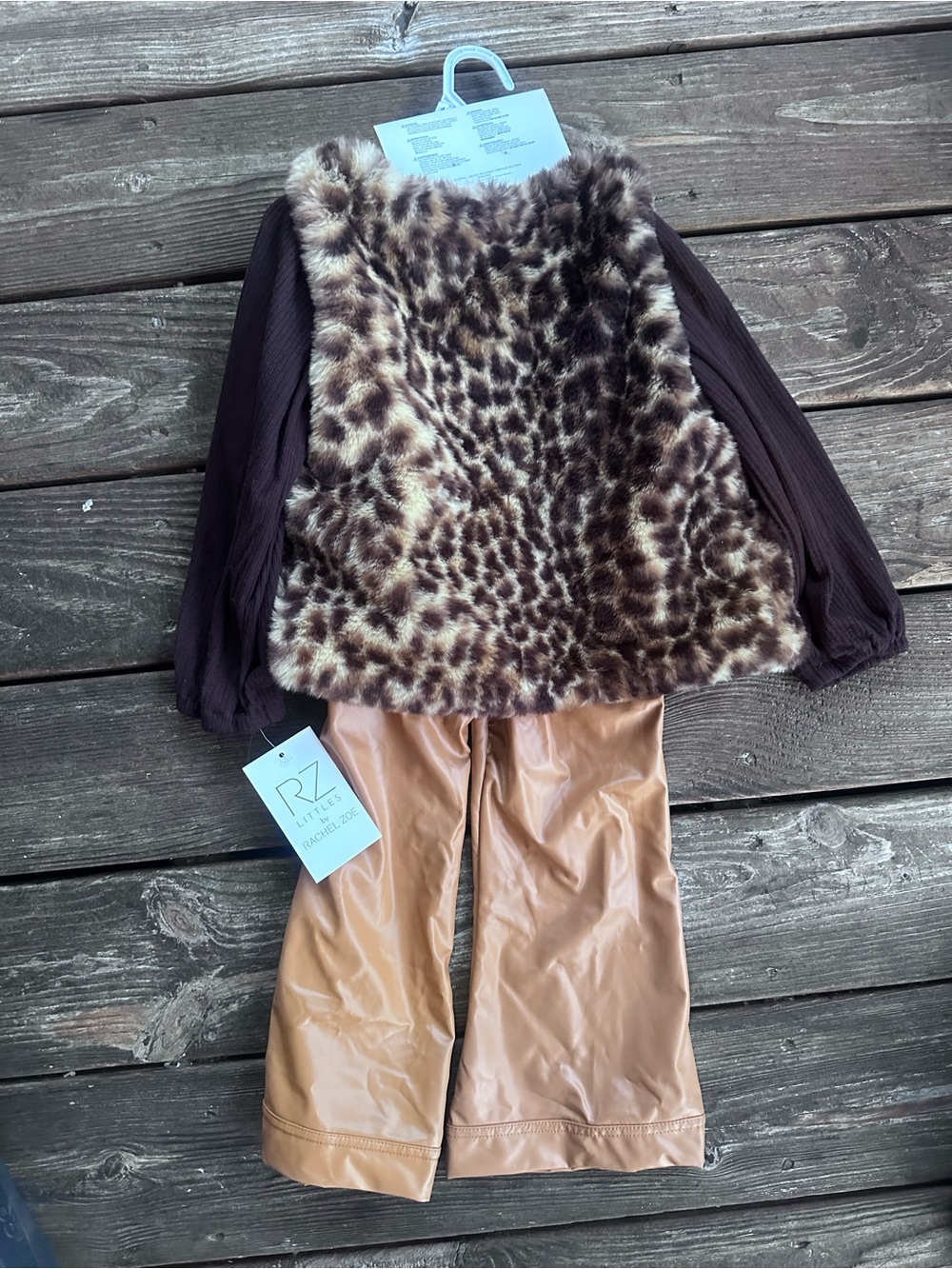 Rachel Zoe Girls Leopard Faux Fur Vest with Brown Top & Tan Pants Set 4 piece - Picture 7 of 9